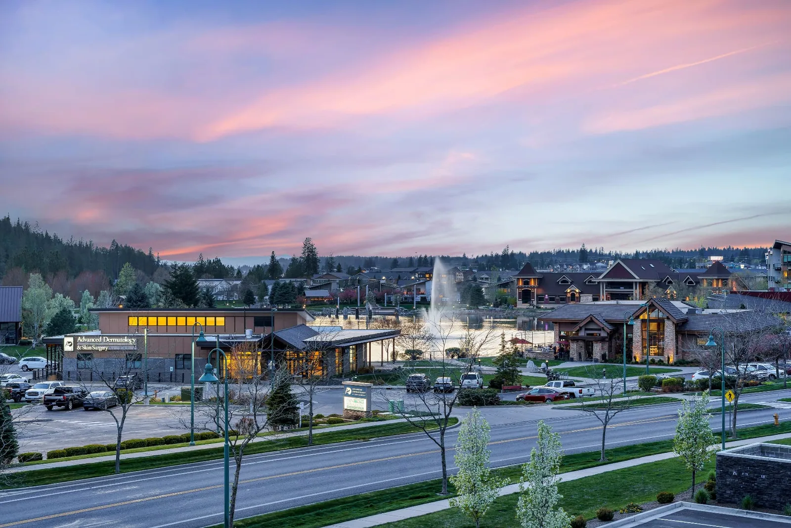 Twilight view over the RiverStone pond and district from 1579 W Riverstone Dr